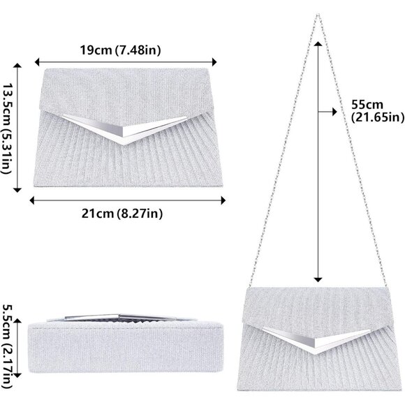 Women's Silver 2 Clutch Purses Sparkling Envelope Evening Bag Detachable Chain - Picture 7 of 7